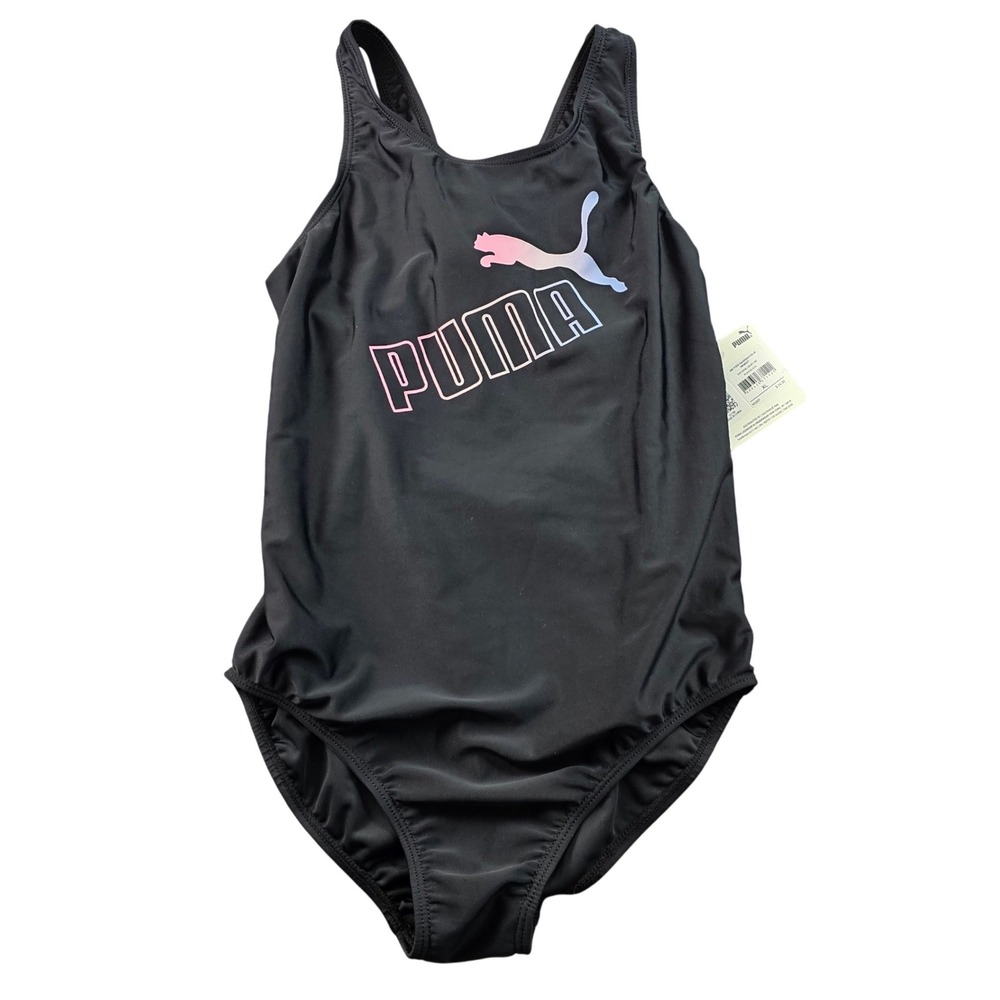 PUMA One-Piece Swimsuit Girls XL  Black Solid Stretch Racerback Keyhole SSP23V8S